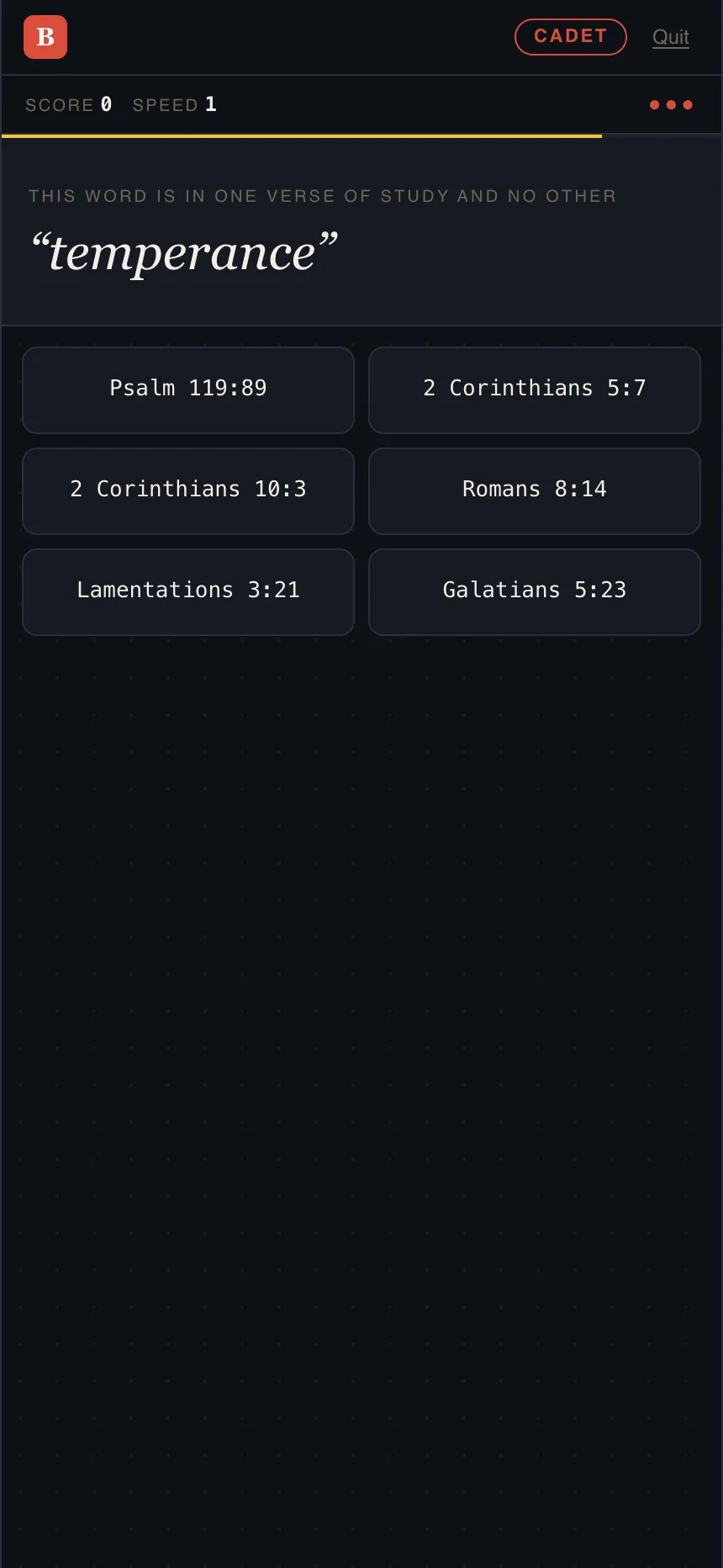 RefSnap in play: '"temperance" — this word is in one verse of study and no other,' over six candidate references waiting for the snap.