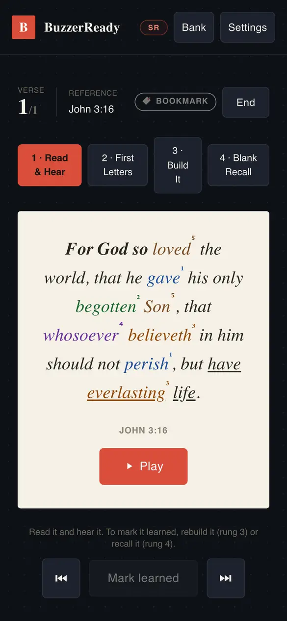Short looping capture of the same Learn screen cycling its four rungs on John 3:16: the fully marked reading card, the verse reduced to first letters, the word-by-word rebuild, and blank recall — then back to the marked card.