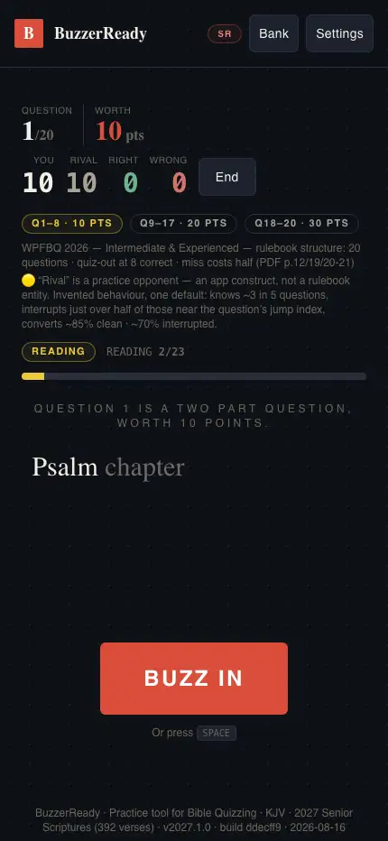 Short looping capture of a round in play on a phone. The scoreboard sits at the top — question 1 of 20, worth 10 points, you 10 and the practice opponent 10. A question from Psalm 27:5 is read aloud and its words appear as they are spoken; part-way through, a buzz stops the reading dead in the middle of a sentence, the answer clock starts at thirty seconds, and the screen reads "interruption — complete the question, then answer". The full question and the official answer follow, with the verse printed beneath it and its key words marked.